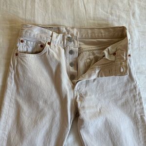 Vintage Levi’s 501 denim cream white jeans. Original hems. Button fly.